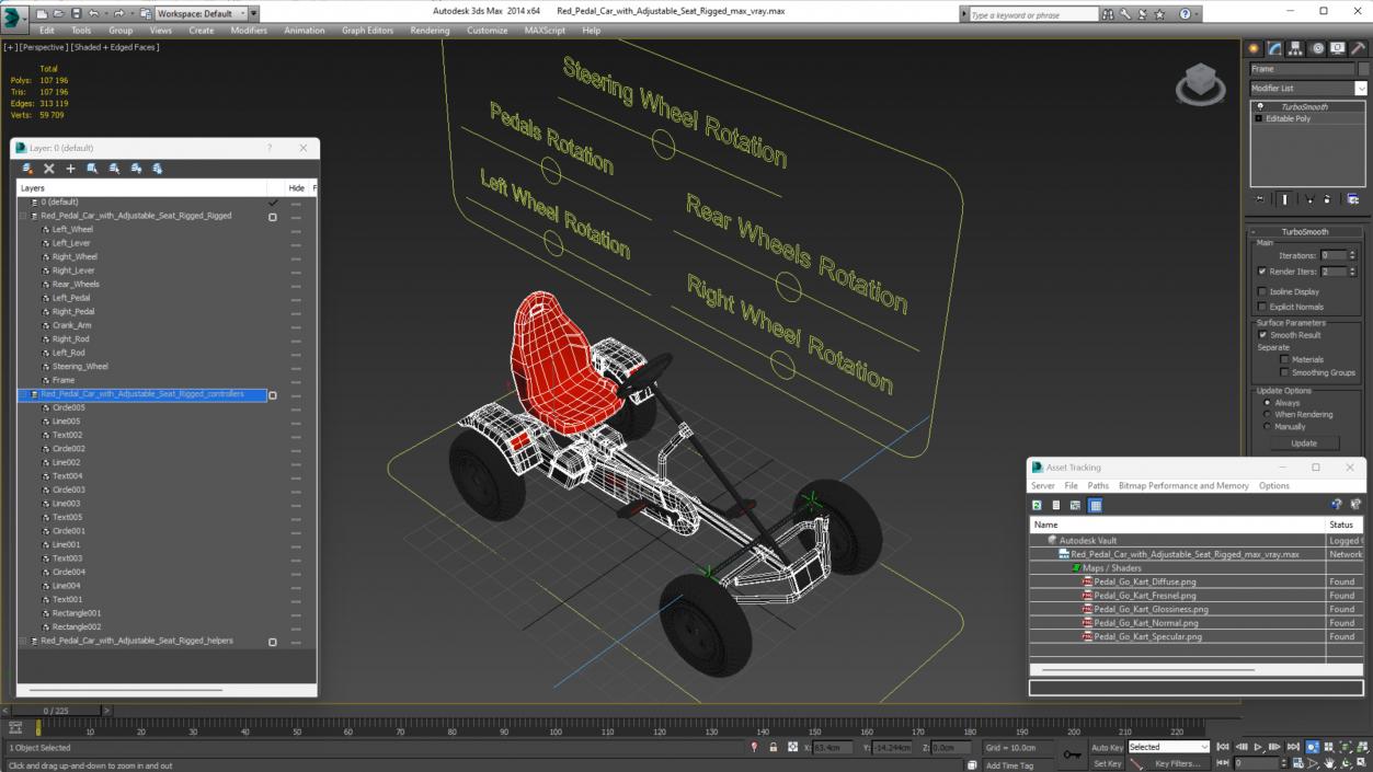 3D model Red Pedal Car with Adjustable Seat Rigged for Cinema 4D