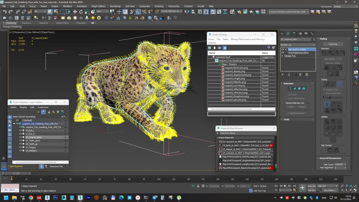 Leopard Cub Sneaking Pose with Fur 3D model