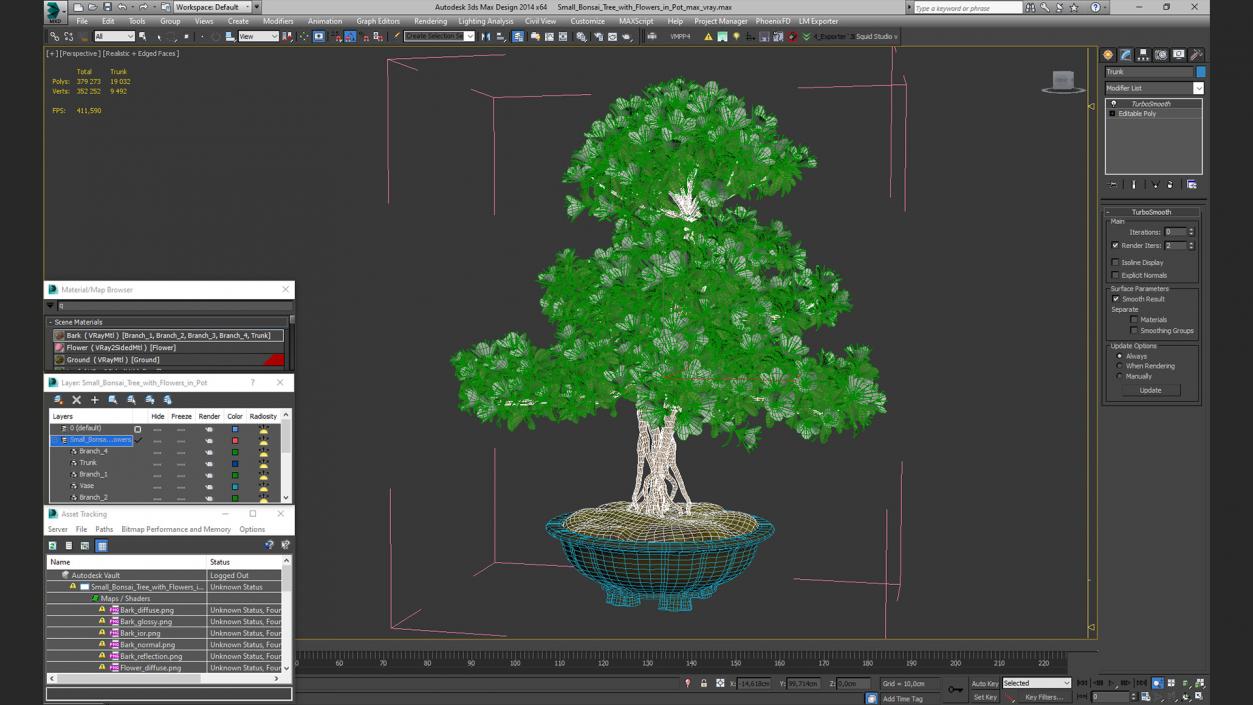 Small Bonsai Tree with Flowers in Pot 3D