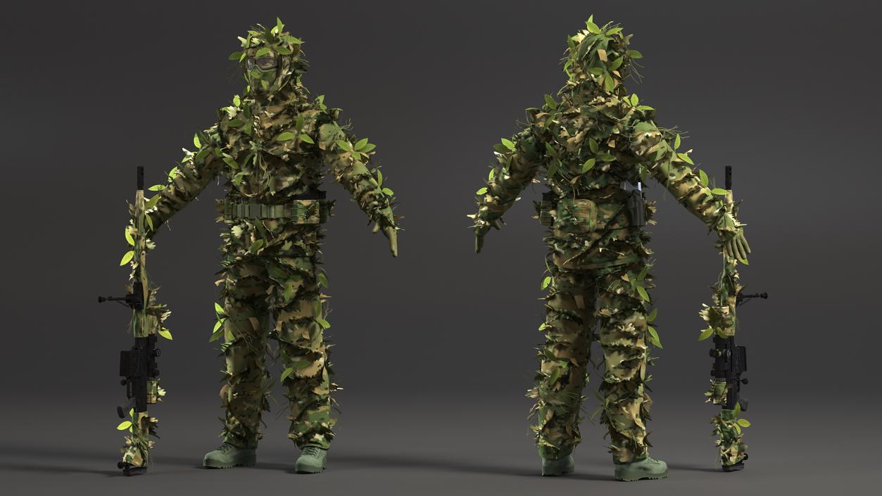 3D Sniper in Leaf Ghillie Suit T-pose 2