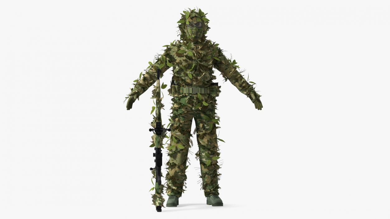 3D Sniper in Leaf Ghillie Suit T-pose 2