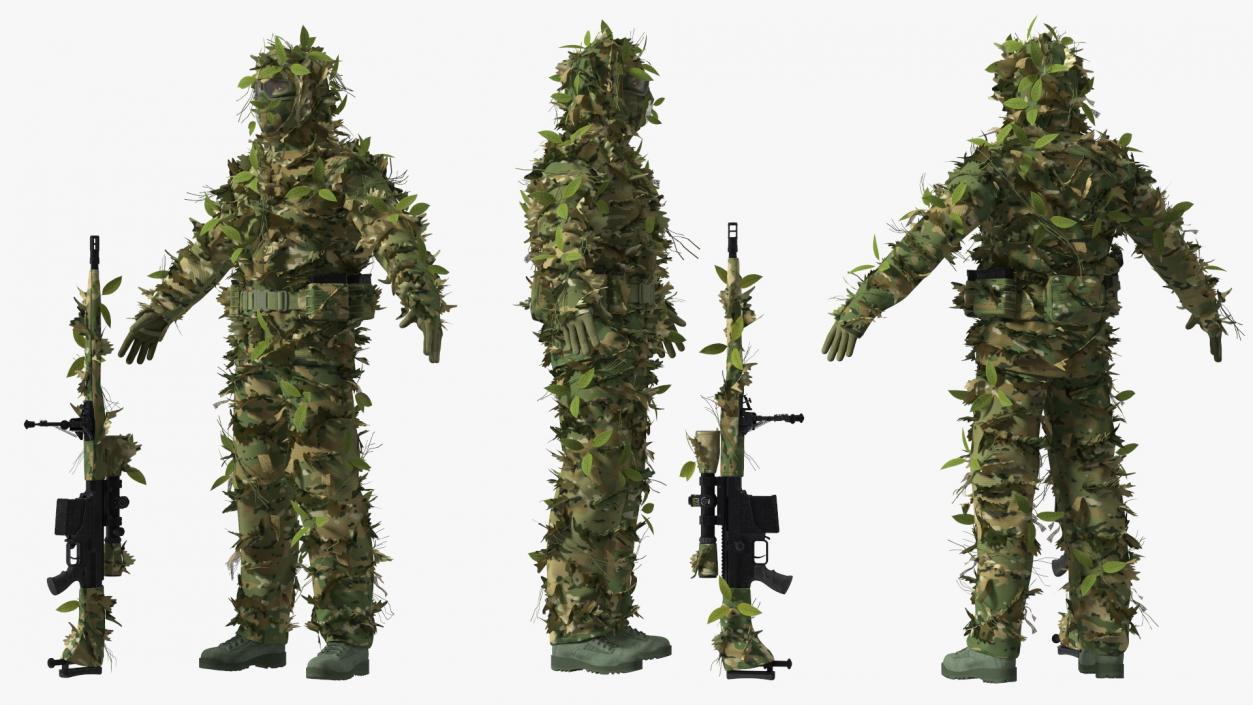 3D Sniper in Leaf Ghillie Suit T-pose 2