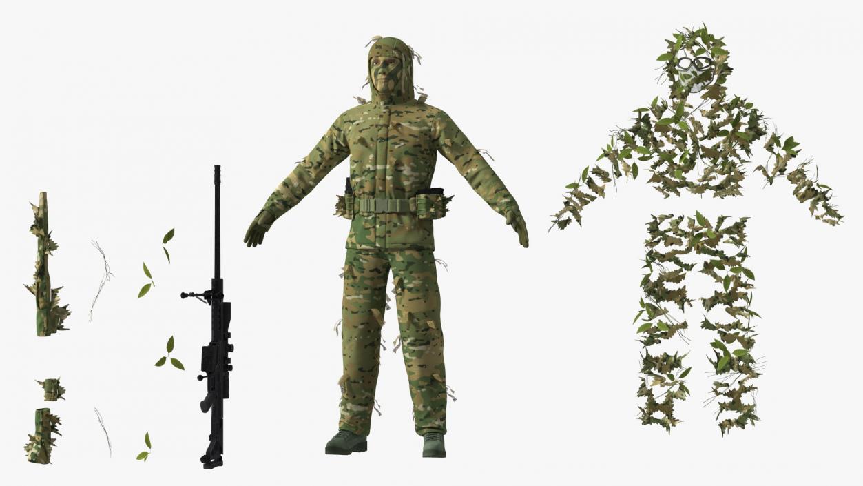 3D Sniper in Leaf Ghillie Suit T-pose 2