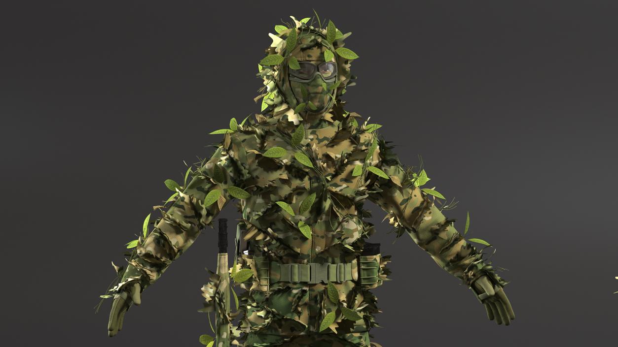 3D Sniper in Leaf Ghillie Suit T-pose 2