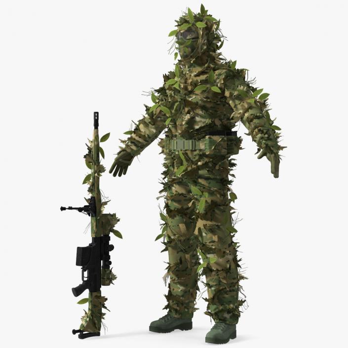 3D Sniper in Leaf Ghillie Suit T-pose 2