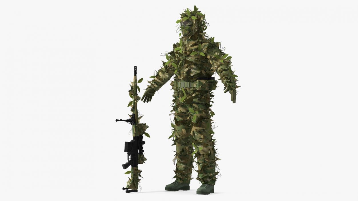 3D Sniper in Leaf Ghillie Suit T-pose 2