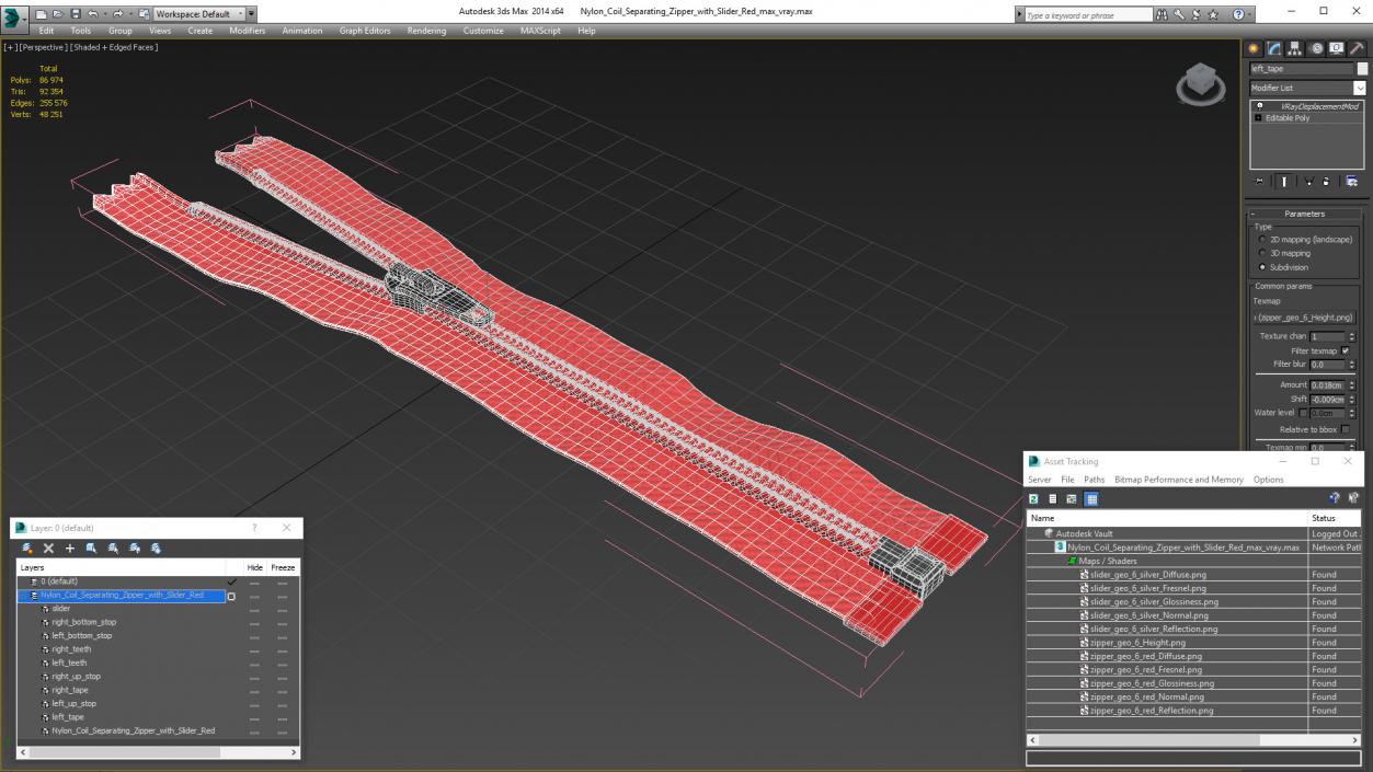 Nylon Coil Separating Zipper with Slider Red 3D model