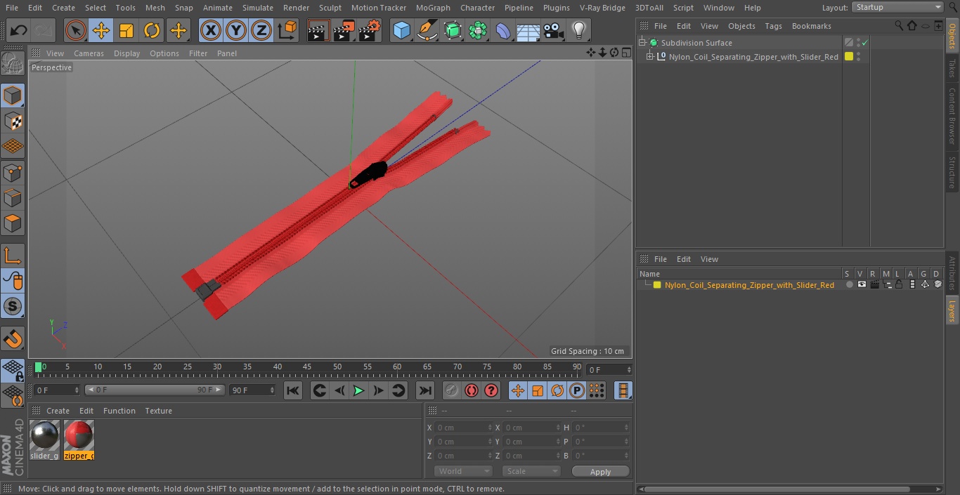 Nylon Coil Separating Zipper with Slider Red 3D model