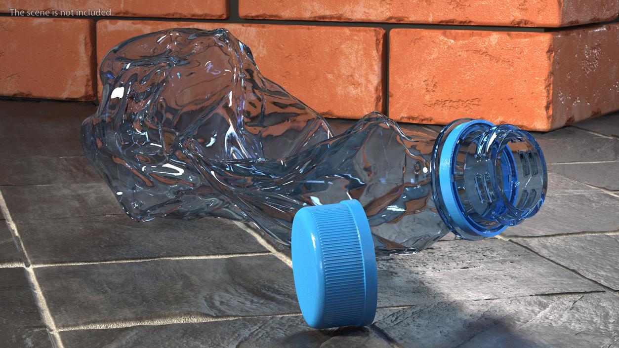 Crushed Empty Plastic Bottle Blue with Cap 3D