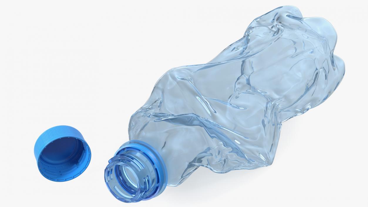 Crushed Empty Plastic Bottle Blue with Cap 3D