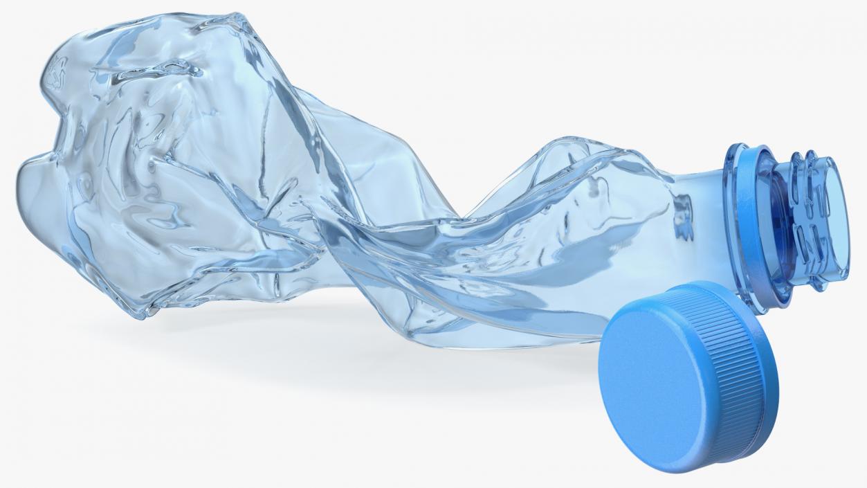 Crushed Empty Plastic Bottle Blue with Cap 3D