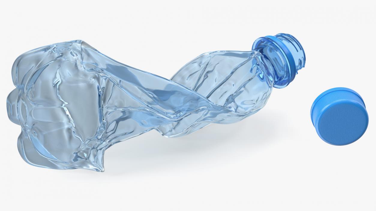 Crushed Empty Plastic Bottle Blue with Cap 3D