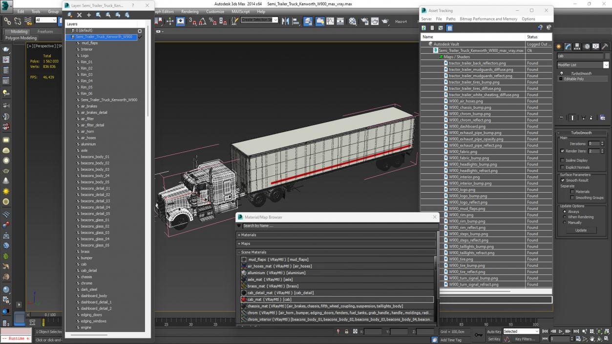 Semi Trailer Truck Kenworth W900 3D