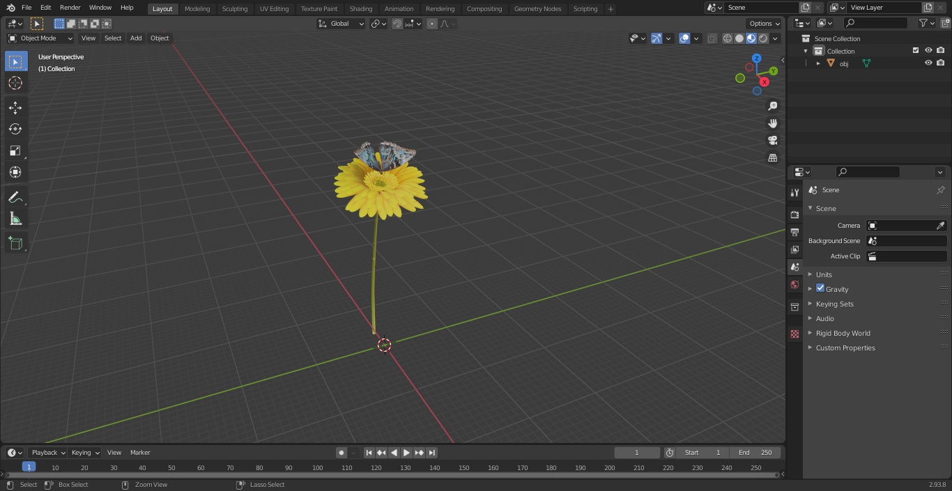 Yellow Gerbera Flower with Emperor Butterfly 3D model