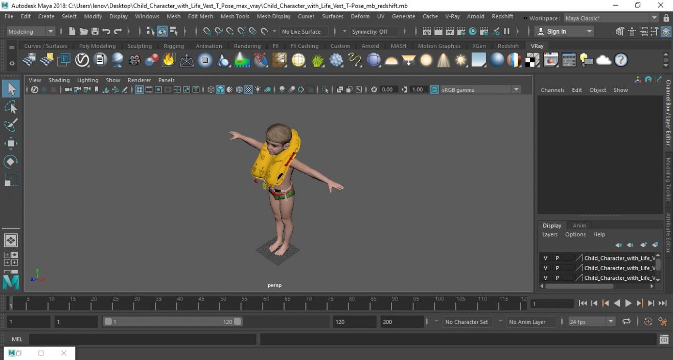 Child Character with Life Vest T-Pose 3D