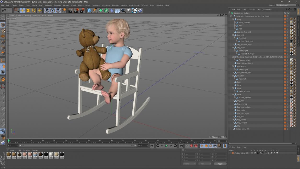 3D Child with Teddy Bear on Rocking Chair model