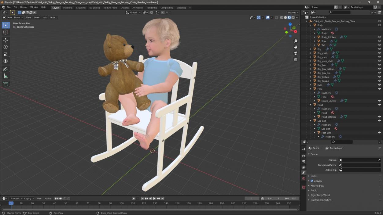 3D Child with Teddy Bear on Rocking Chair model