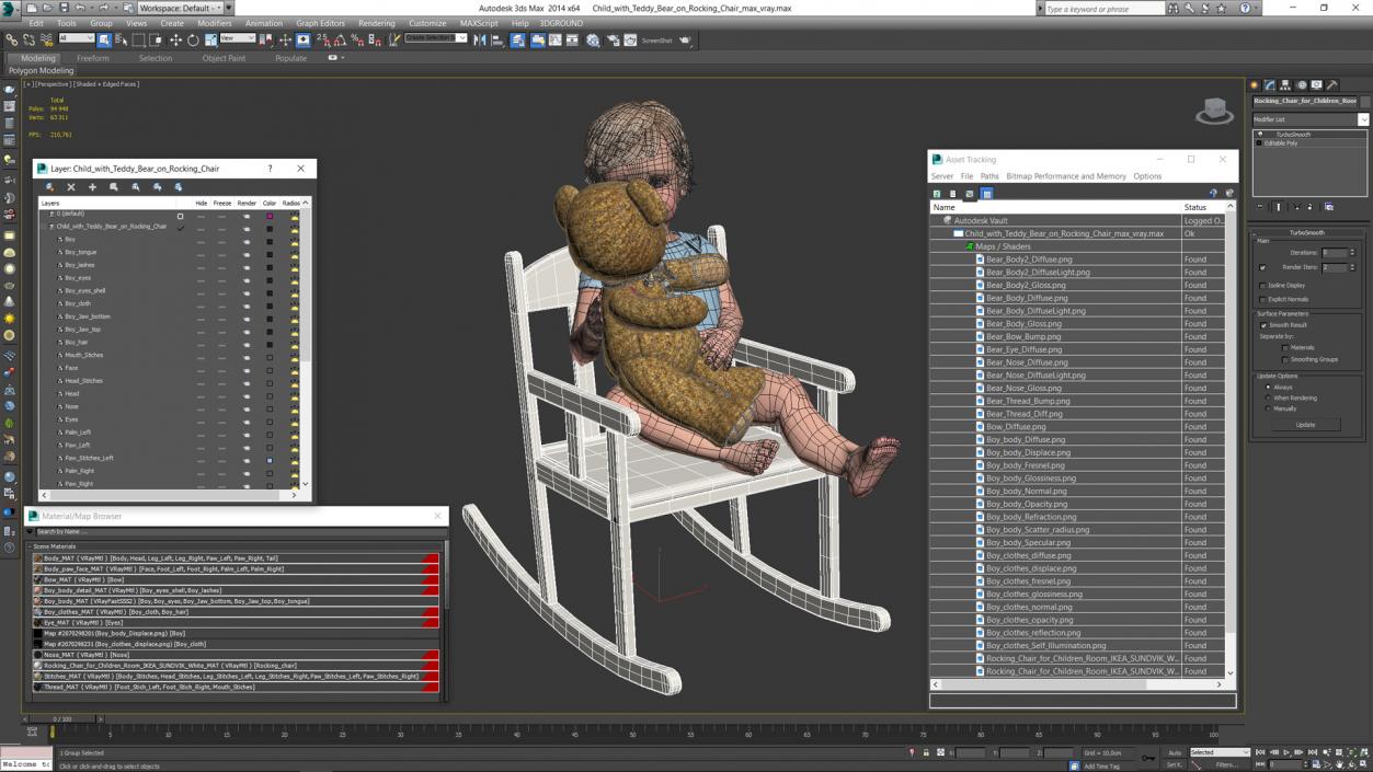 3D Child with Teddy Bear on Rocking Chair model