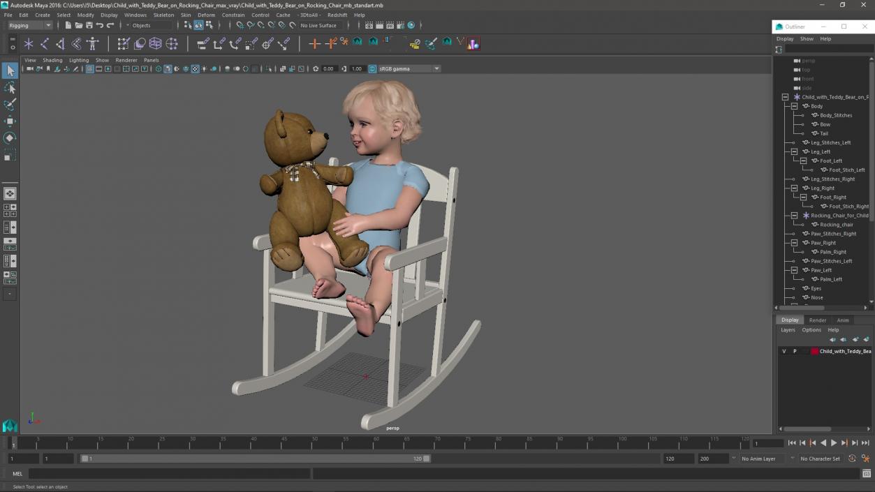 3D Child with Teddy Bear on Rocking Chair model