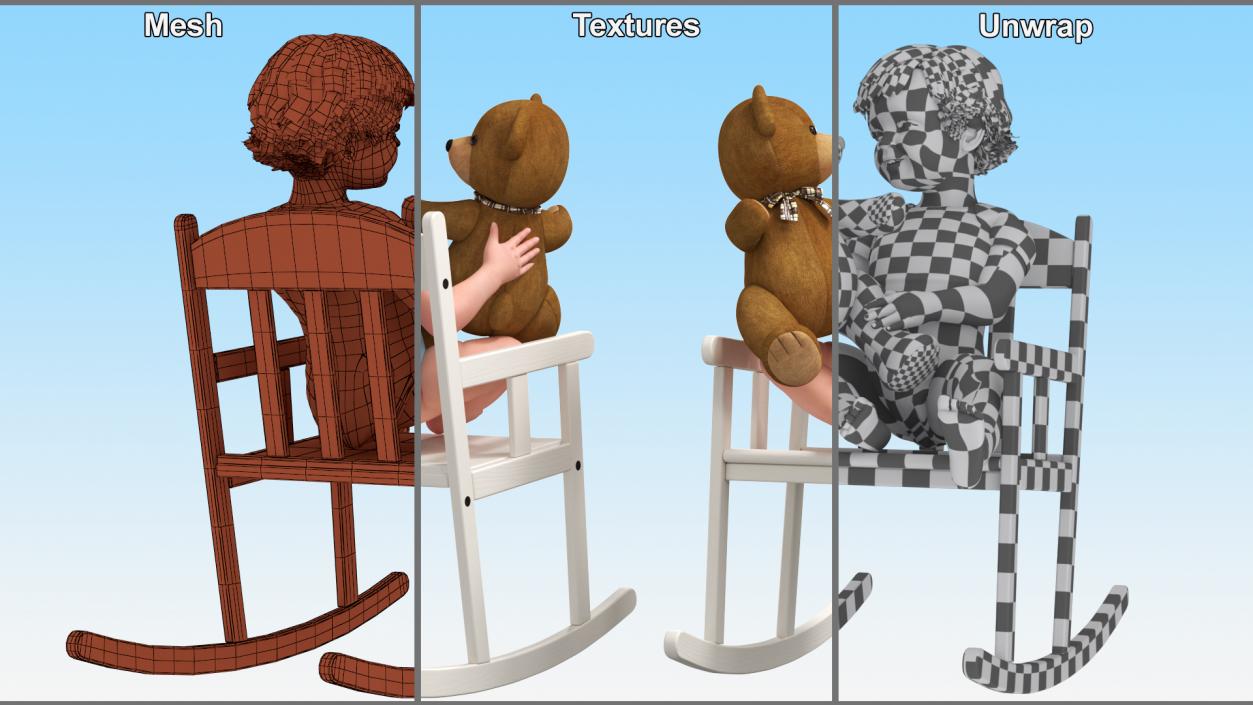 3D Child with Teddy Bear on Rocking Chair model