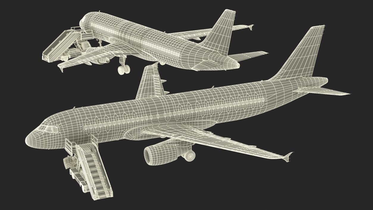 Airbus Plane with Passenger Boarding Stairs Car 3D