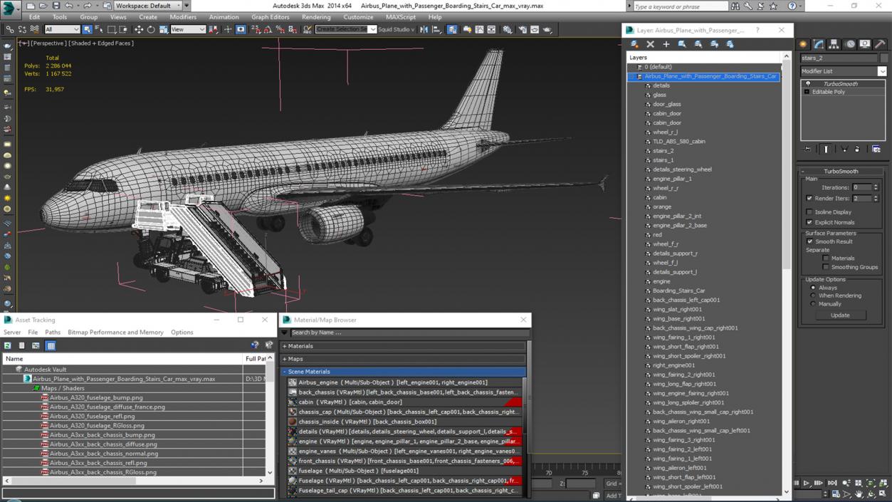 Airbus Plane with Passenger Boarding Stairs Car 3D