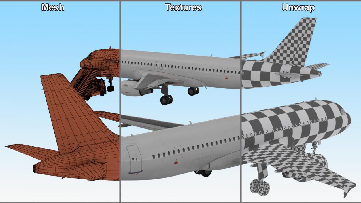 Airbus Plane with Passenger Boarding Stairs Car 3D