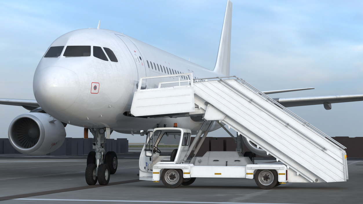 Airbus Plane with Passenger Boarding Stairs Car 3D