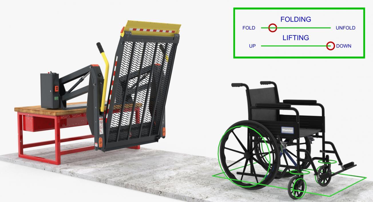 3D model Wheelchair at Hydraulic Lift Rigged