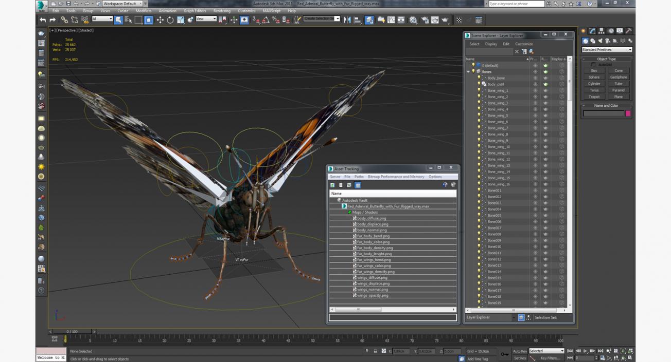 Red Admiral Butterfly with Fur Rigged 3D