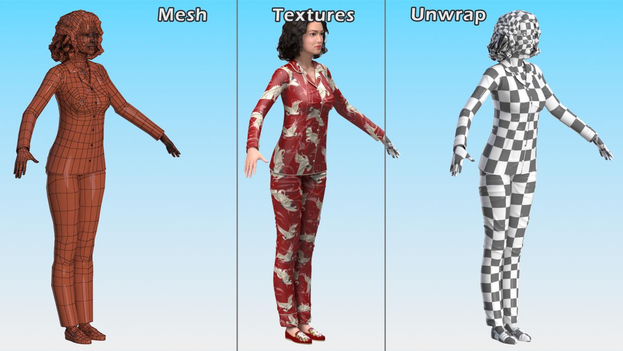 Asian Woman in Satin Pijama Rigged 3D model