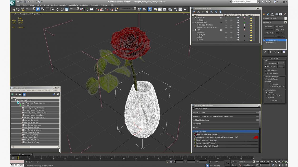 Hexagon Vase with Rose 3D