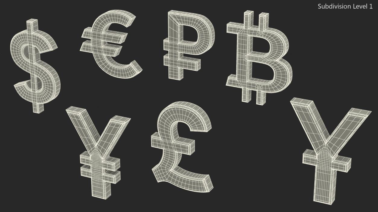 Currency Symbols Silver Set 3D