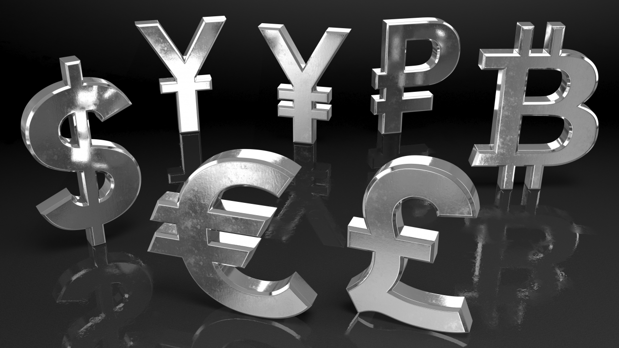 Currency Symbols Silver Set 3D