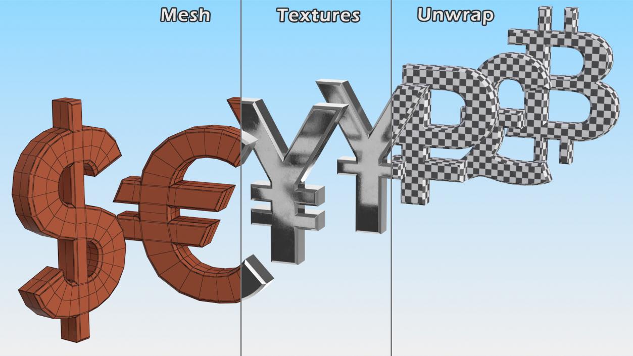 Currency Symbols Silver Set 3D