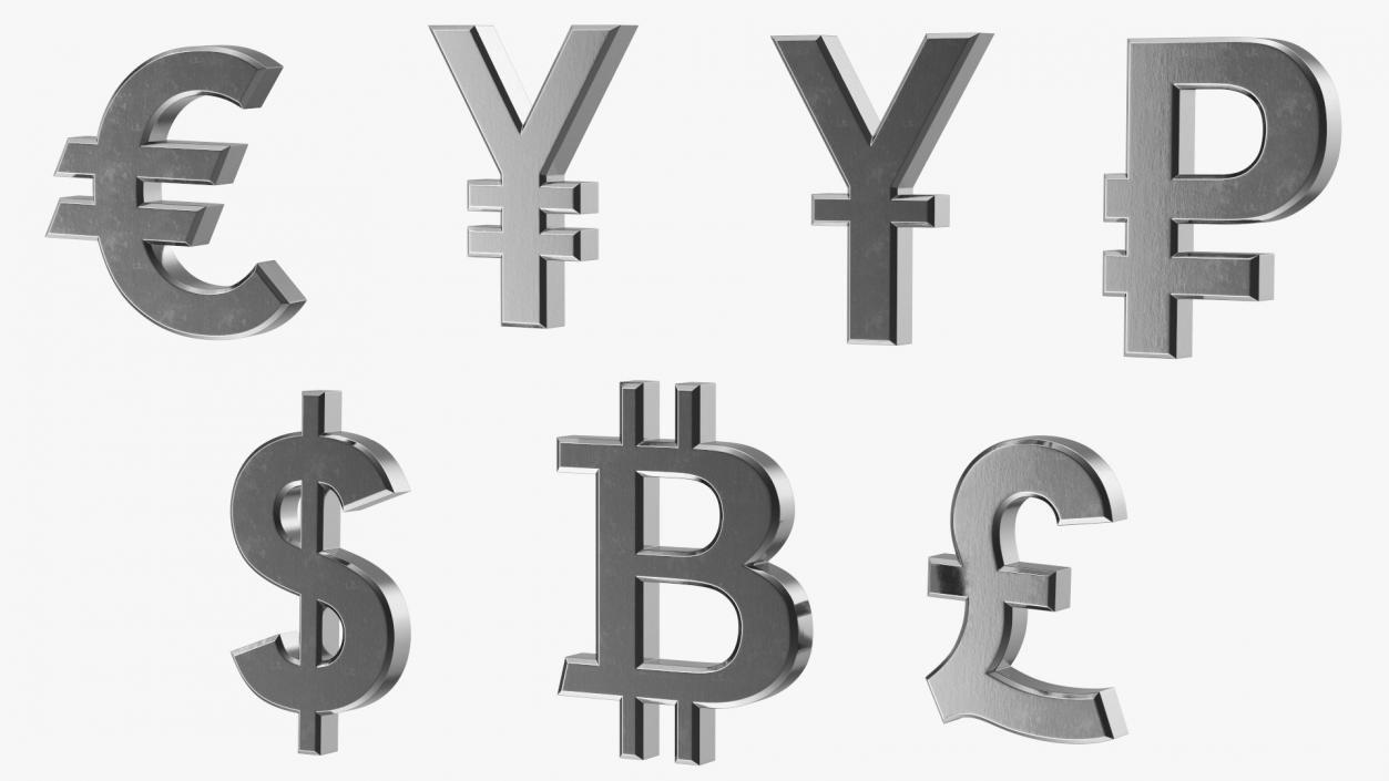 Currency Symbols Silver Set 3D