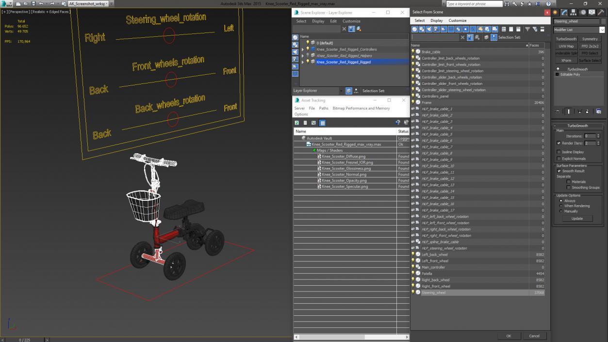 Knee Scooter Red Rigged for Cinema 4D 3D