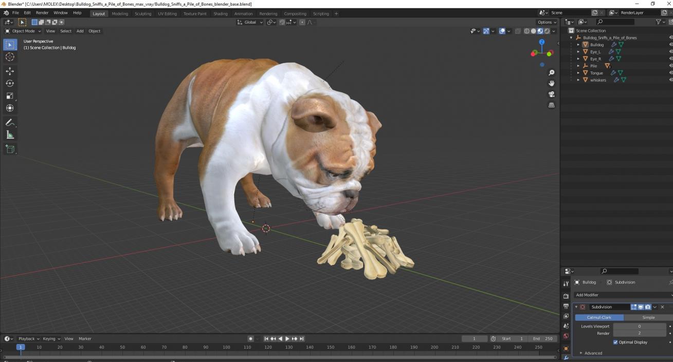 3D model Bulldog Sniffs a Pile of Bones