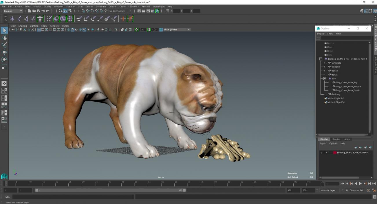 3D model Bulldog Sniffs a Pile of Bones