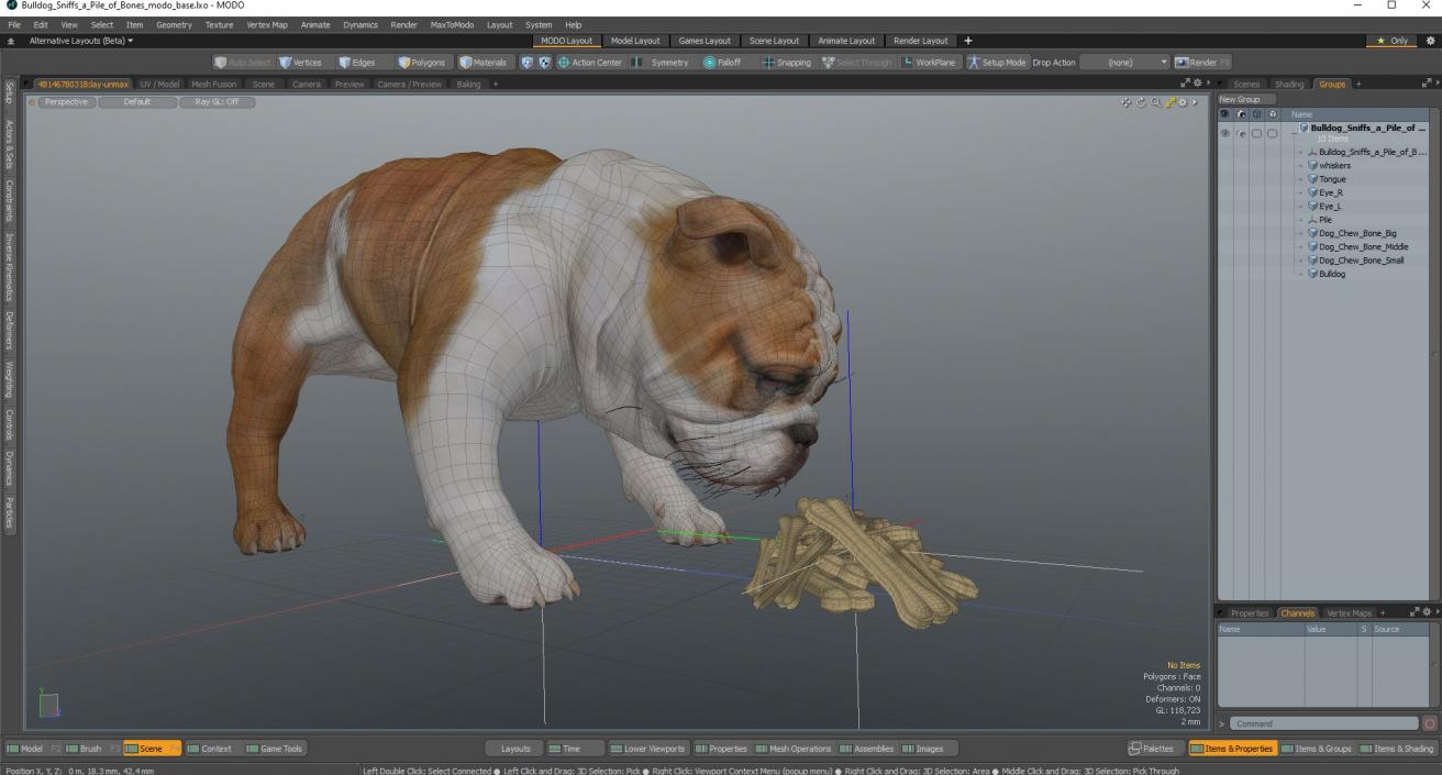 3D model Bulldog Sniffs a Pile of Bones