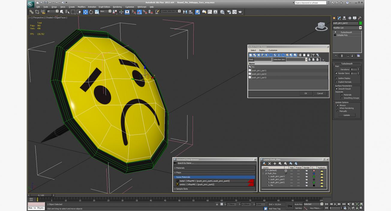 Round Pin Unhappy Face 3D