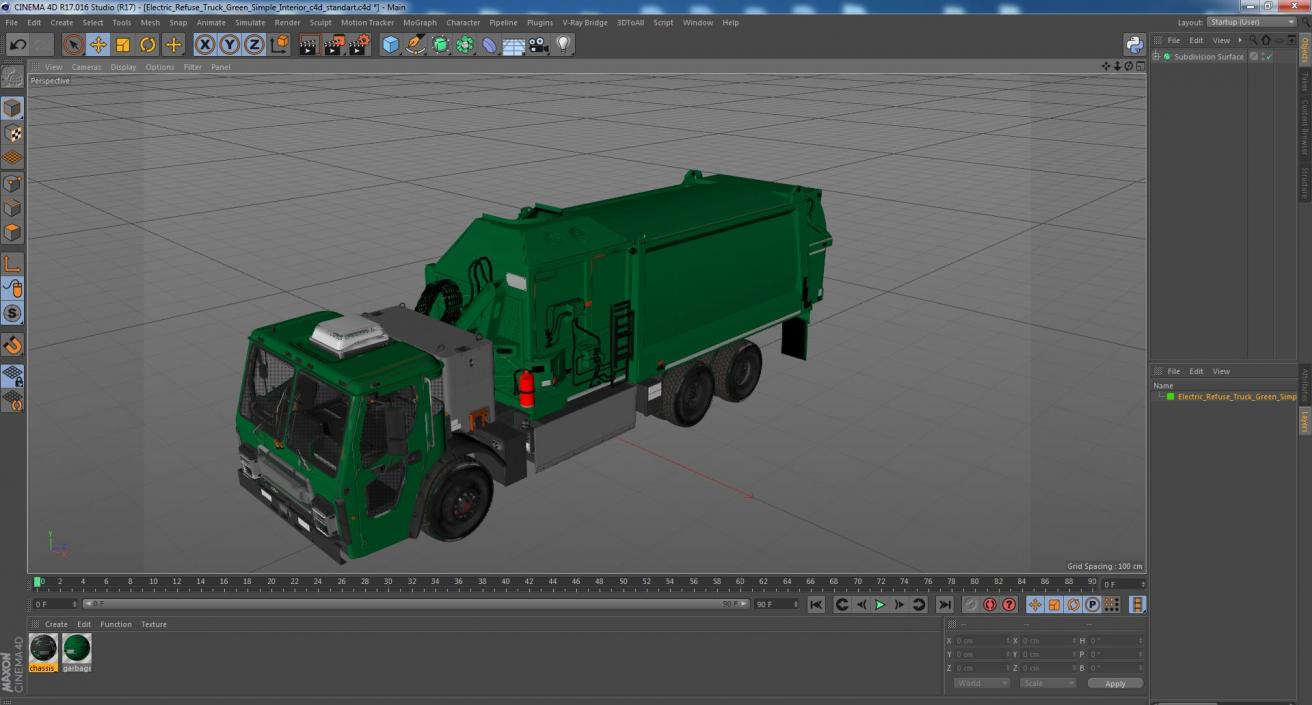 3D Electric Refuse Truck Green Simple Interior model