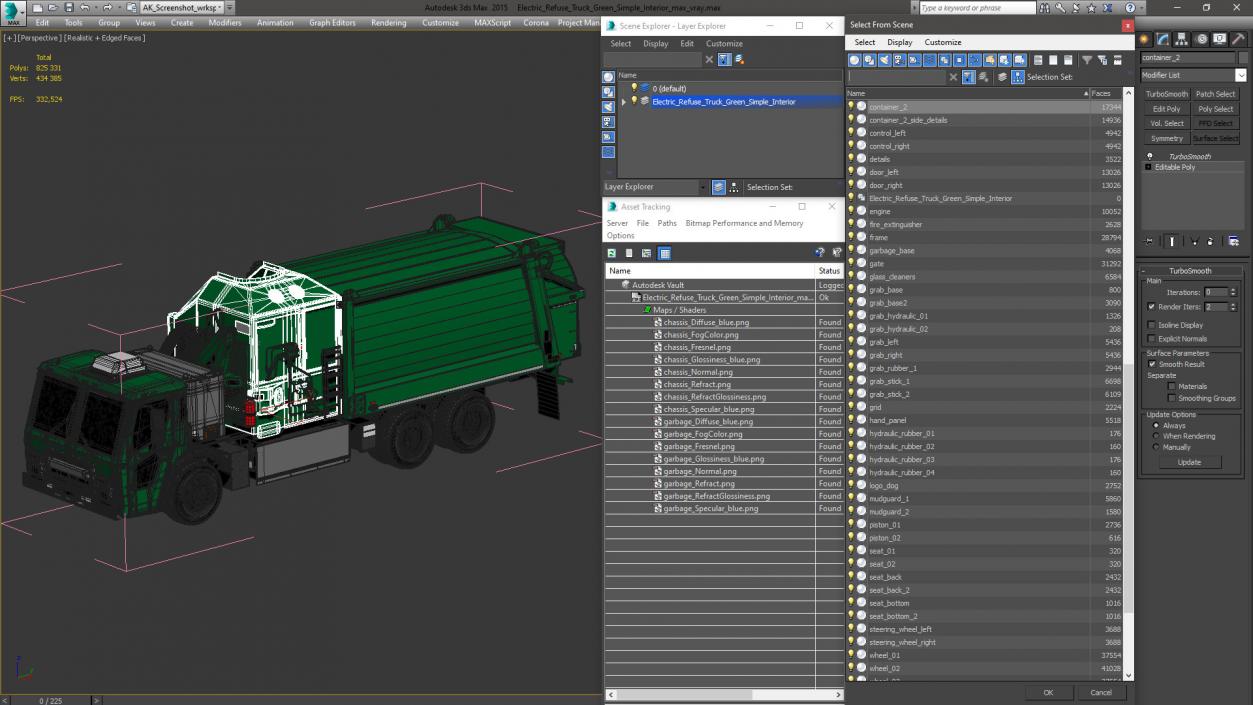 3D Electric Refuse Truck Green Simple Interior model