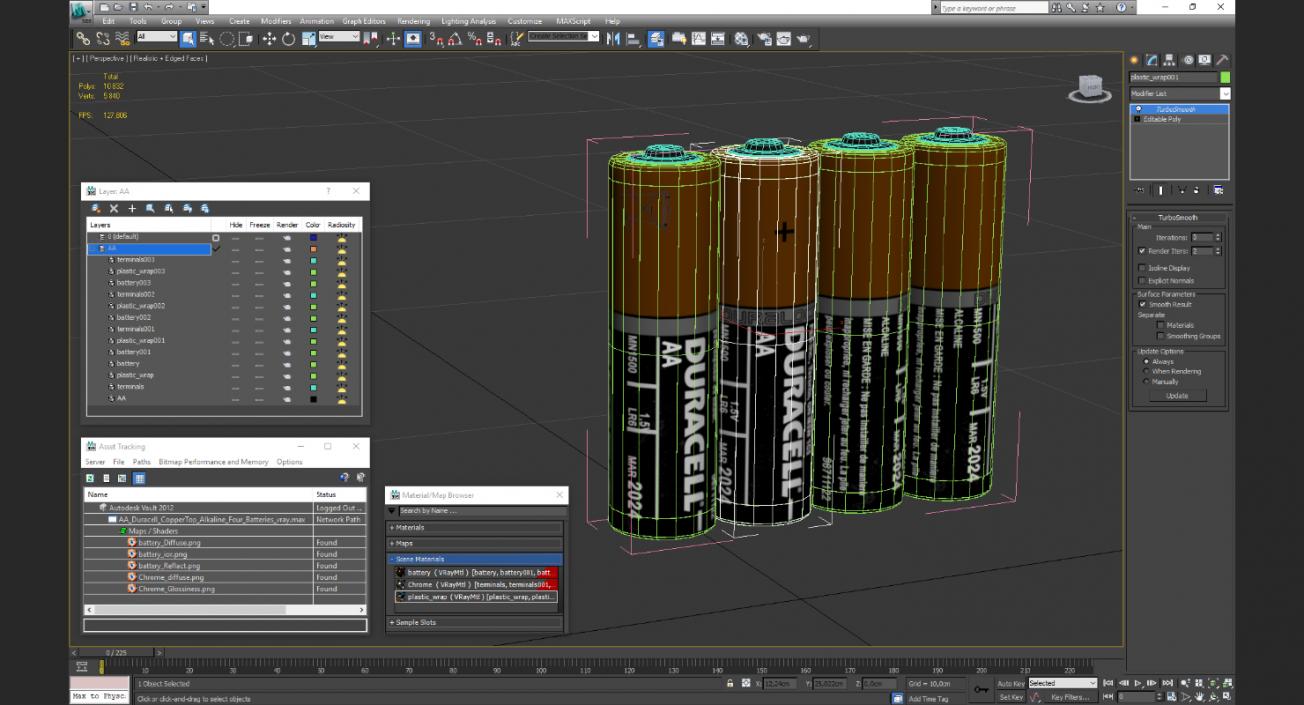 3D model AA Duracell CopperTop Alkaline Four Batteries