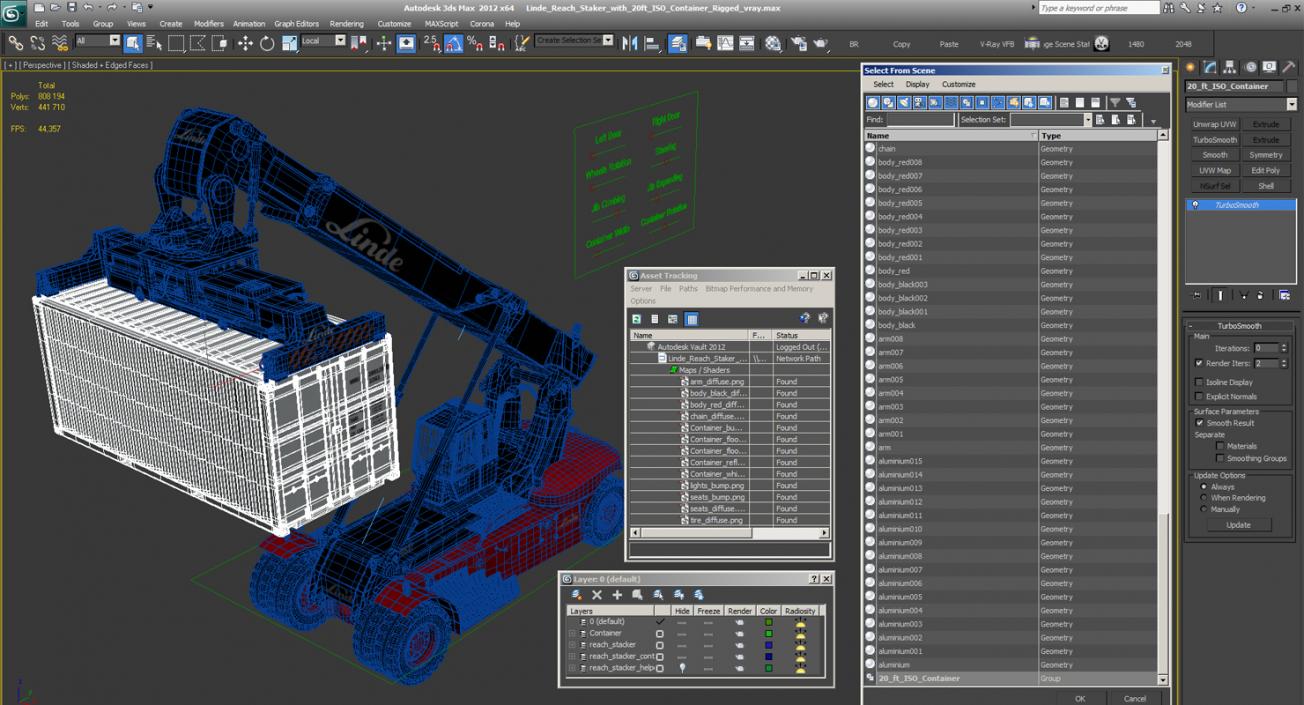 Linde Reach Staker with 20ft ISO Container Rigged 3D model