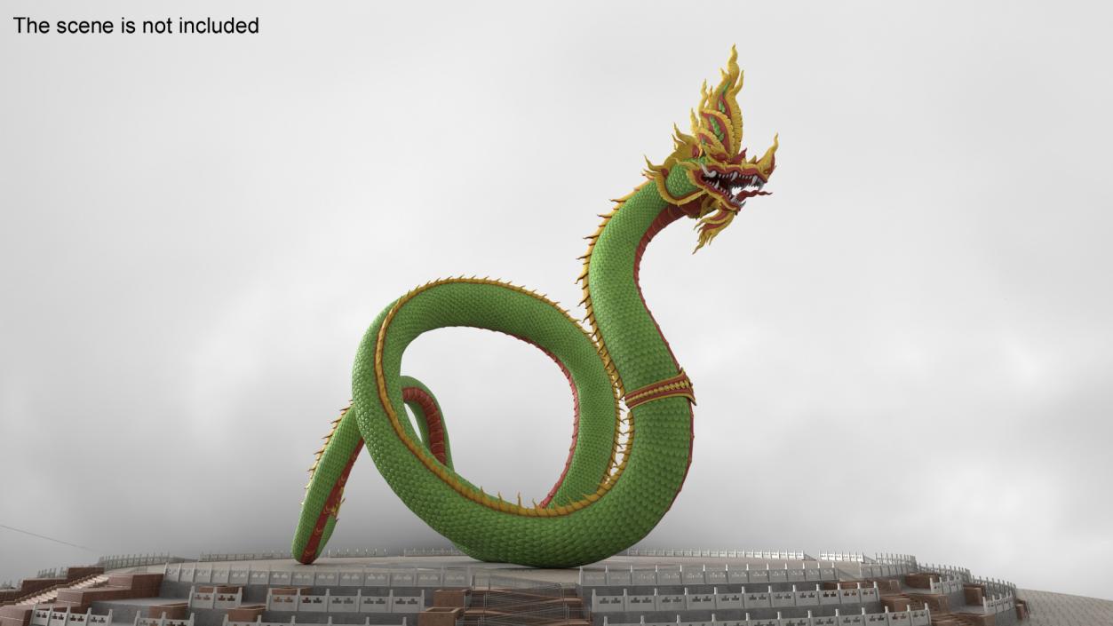 3D Asian Naga Serpent Green Statue