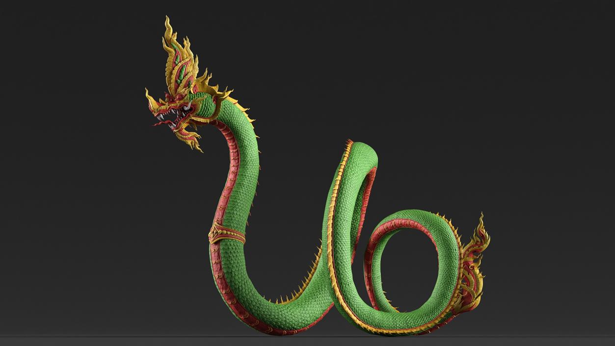 3D Asian Naga Serpent Green Statue