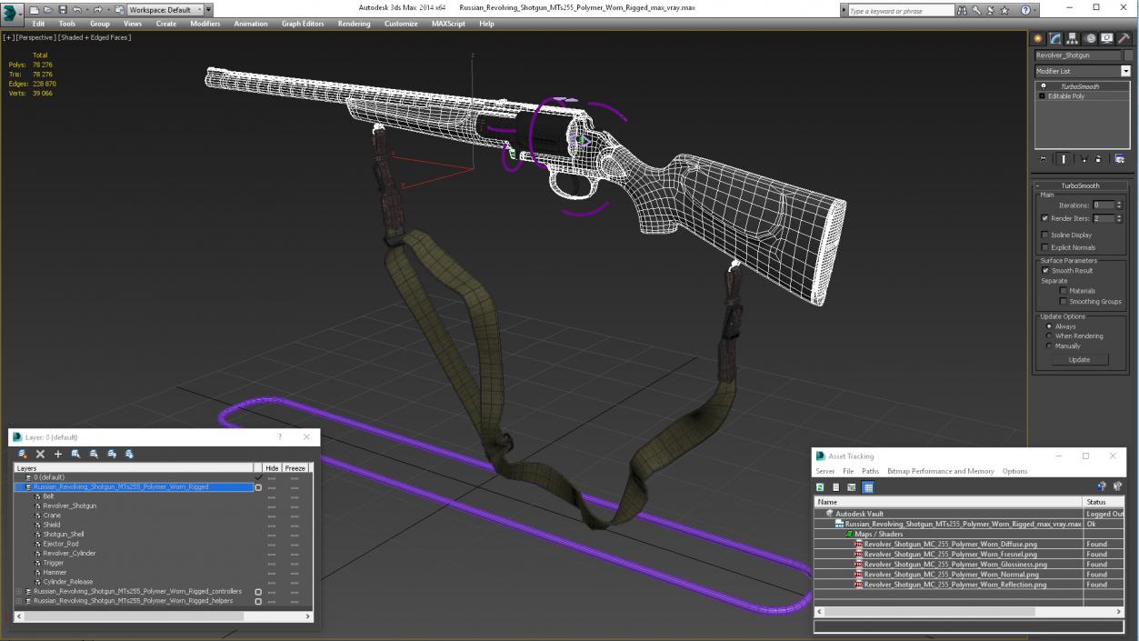 3D Russian Revolving Shotgun MTs255 Polymer Worn Rigged for Cinema 4D