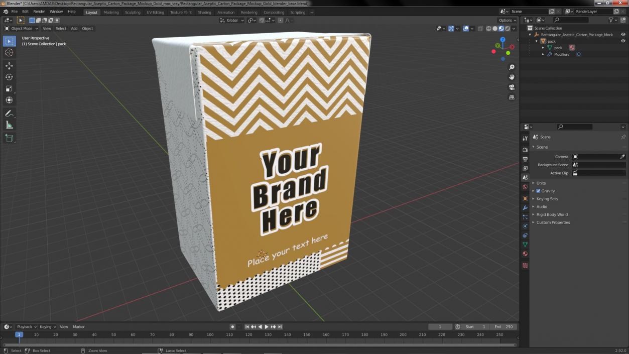 3D Rectangular Aseptic Carton Package Mockup Gold