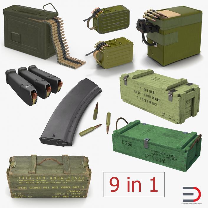 3D Military Gun Magazines and Boxes Collection model